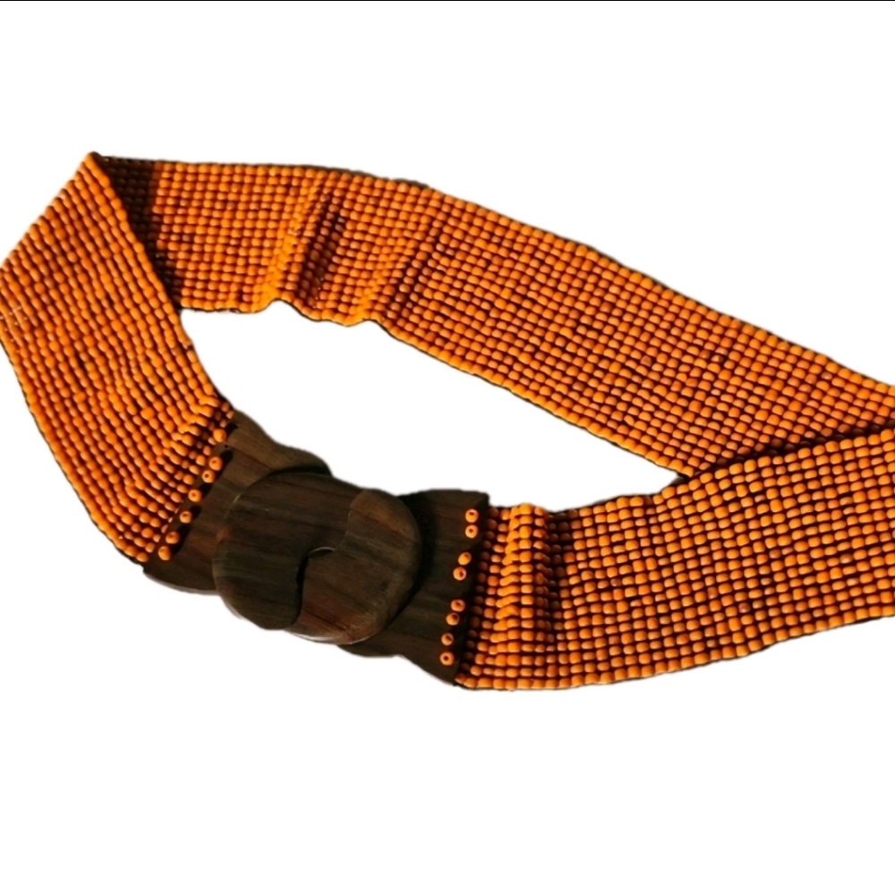 Vintage Glass Beaded Stretch Belt Brown Wood Orange Beads Hook Buckle OS Boho